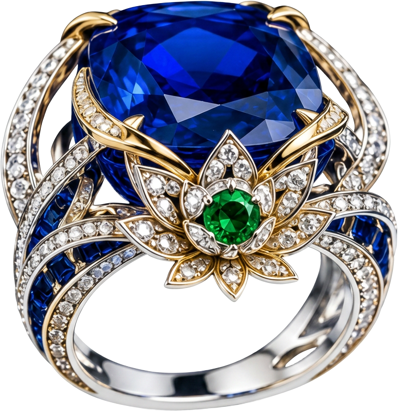 Blue sapphire ring with lotus flower