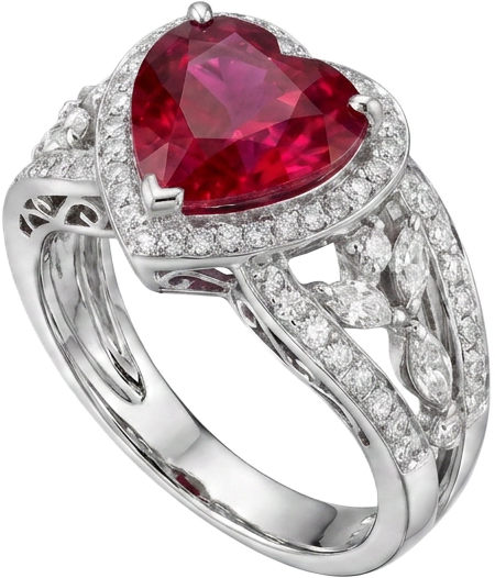 White gold ring with red ruby and double diamond halo